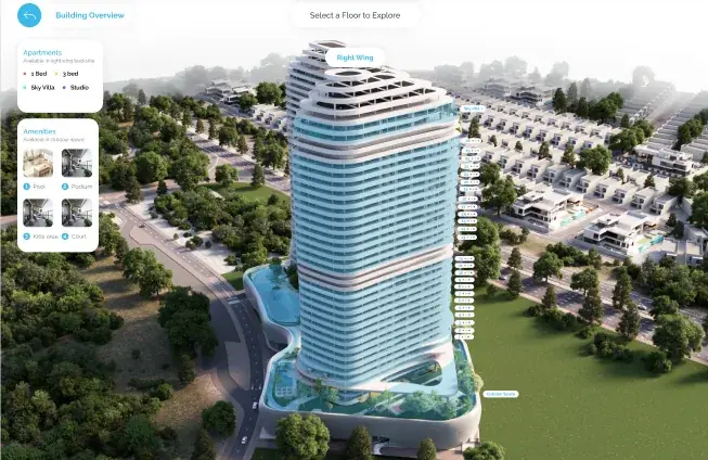 Photoreal tower in the Xplore building view, with an apartments panel, an amenities panel and a floor selector