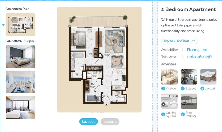 Xplore unit page for a 2 bedroom apartment: plan, interior images, availability, area and amenities