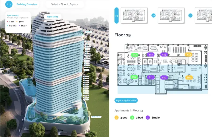 Xplore floor selection: the tower beside the Floor 19 plate with apartments marked by type