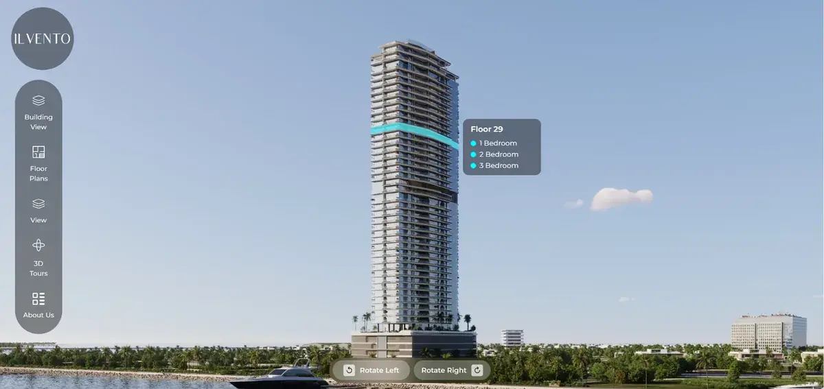 Xplore building view: a residential tower with Floor 29 highlighted and its unit types listed