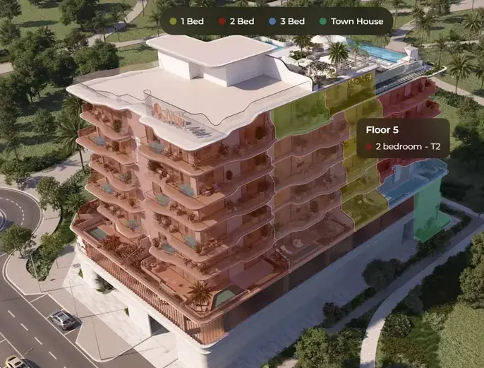 Mid-rise residential building in the twin with Floor 5 highlighted as a 2 bedroom unit