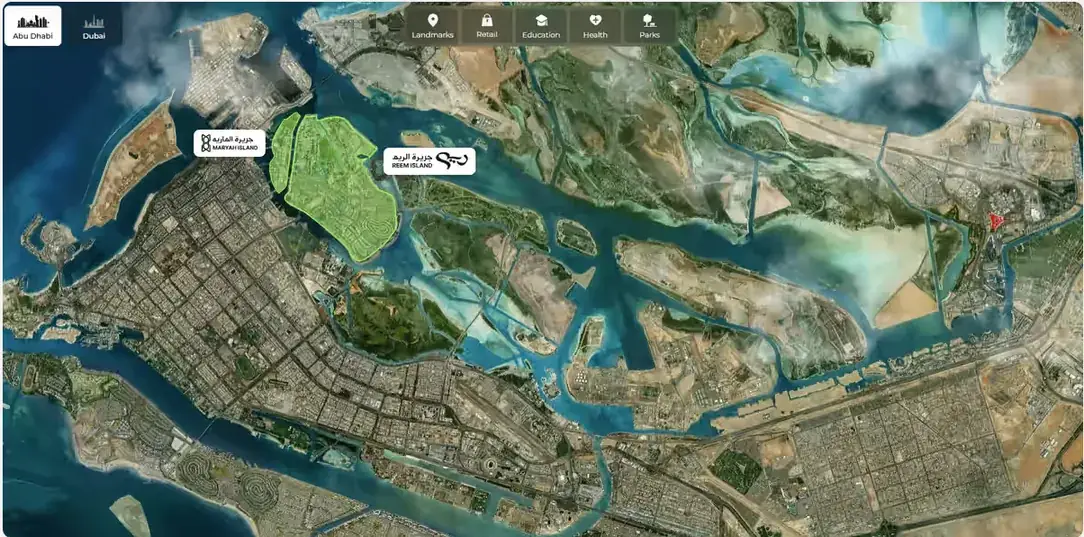 Xplore location view: satellite map of Abu Dhabi with Reem Island highlighted and map layers for landmarks, retail, education, health and parks