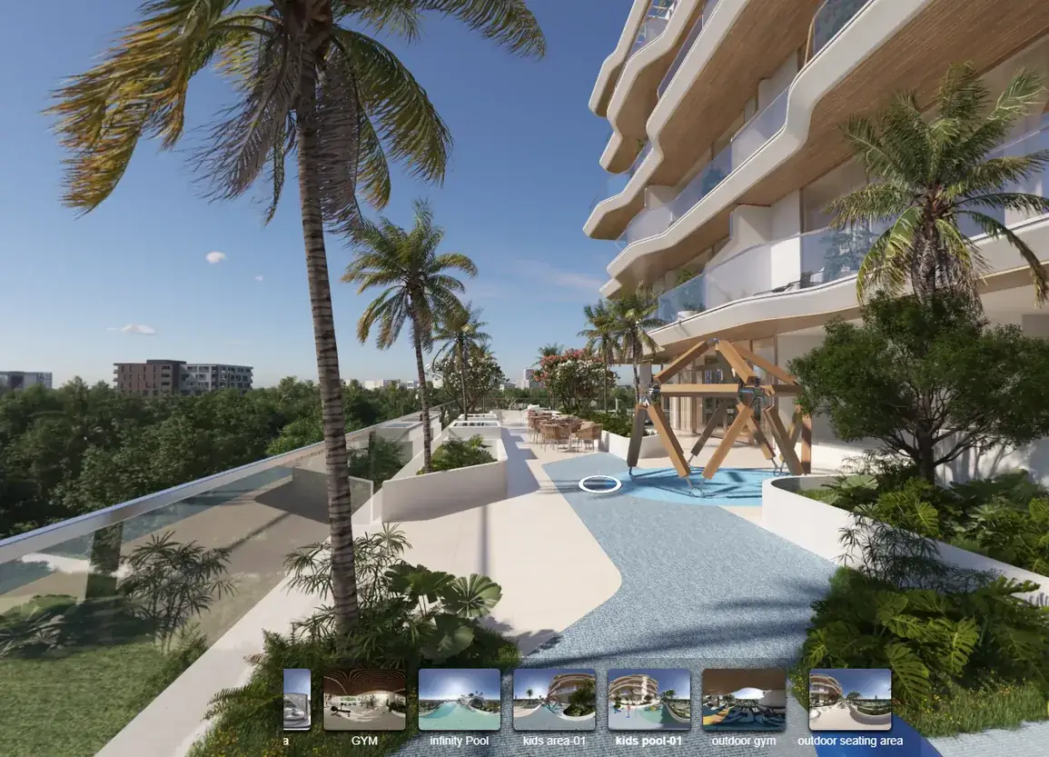 Still from an Xplore 360° tour: a landscaped pool deck, with a strip of room hotspots such as gym, infinity pool and outdoor seating