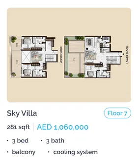 Unit card for a Sky Villa on floor 7 with area, price, bedrooms and bathrooms