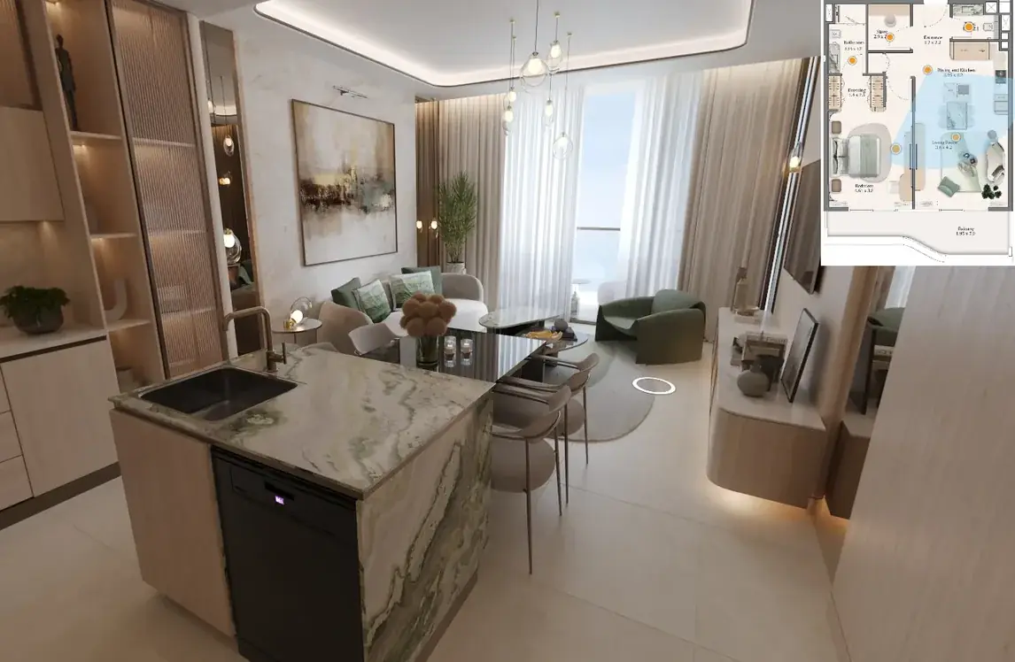 Xplore unit page: furnished living area with the apartment plan alongside